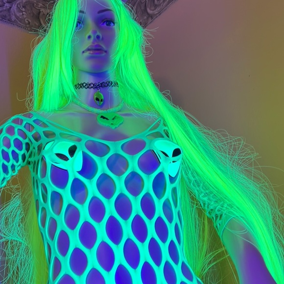 NWT Neon Green Body Suit with Thigh High Stockings. - Picture 7 of 12